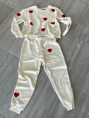 Cream Sweatshirt & Jogger Set with Red Heart Appliqués size M worn for 2hrs